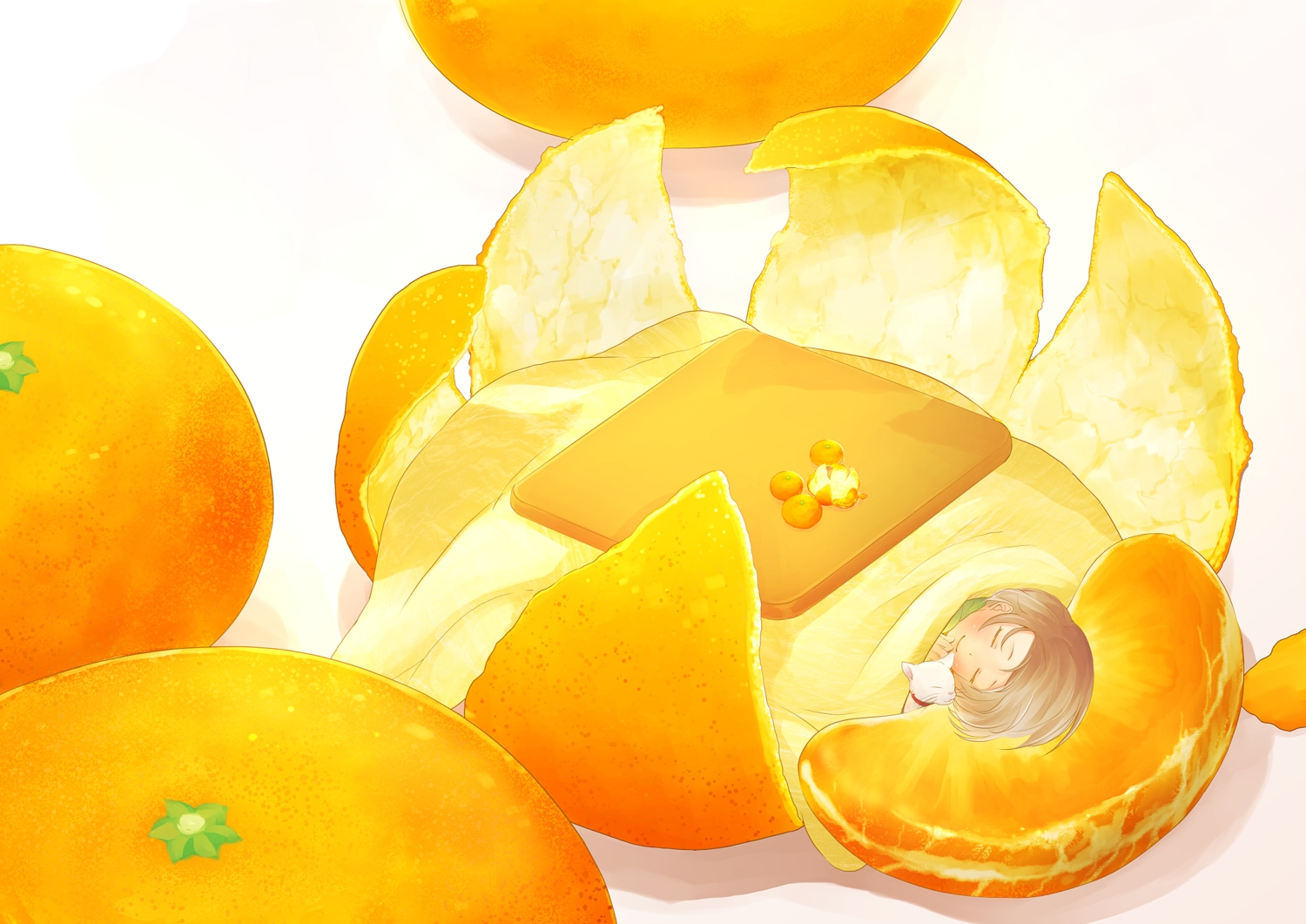 ahira yuzu animal brown hair cat food fruit kotatsu orange (fruit